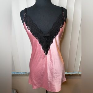 Victoria's Secret pink satin chemise slip dress black lace trim Size S/P